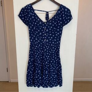 Hollister Navy Blue Floral Fit & Flare Tie Back Smocked Sundress Womens XS
